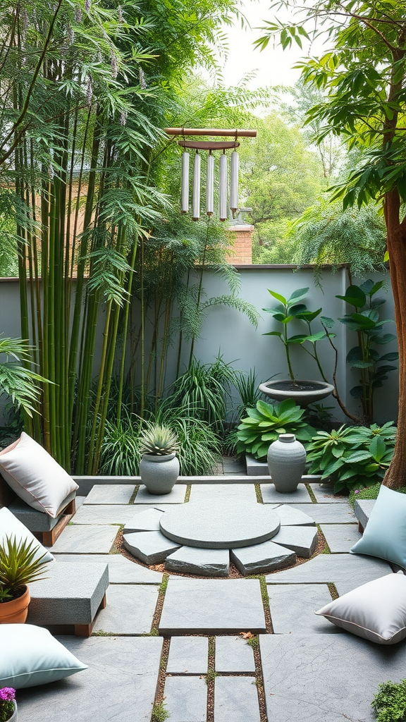 A peaceful hippie meditation garden featuring bamboo, plants, stone pathways, and comfortable cushions.