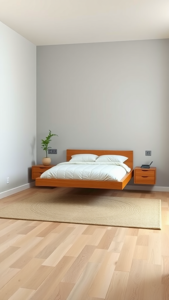 A minimalist Japandi bedroom featuring a floating wooden bed, round woven rug, and indoor plant.