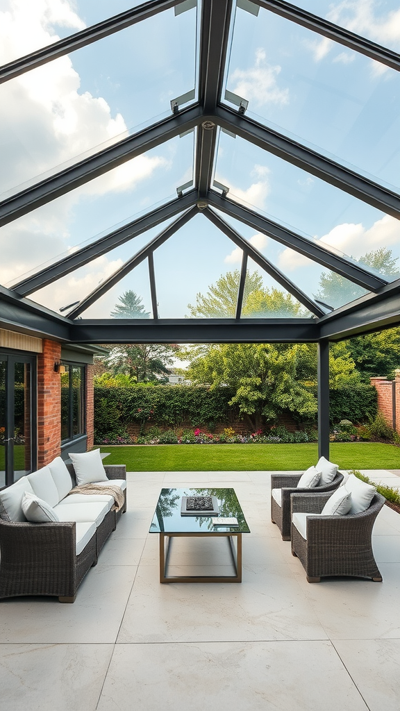 Luxurious glass patio roof extension with modern furniture and a view of a garden