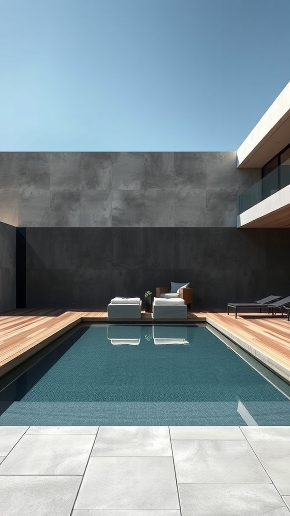 A minimalist concrete pool surrounded by wooden decking and modern lounge chairs under a clear blue sky.