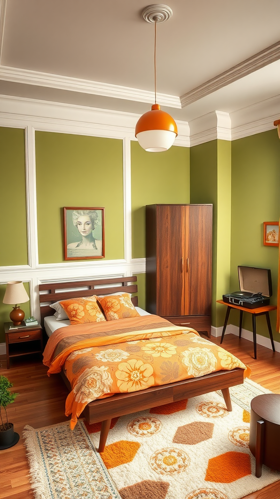 A retro 70s inspired bedroom with warm colors, floral bedding, and vintage decor.