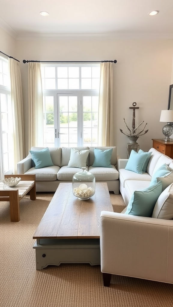 A cozy coastal living room with neutral tones, light blue cushions, large windows, and a natural wood coffee table.