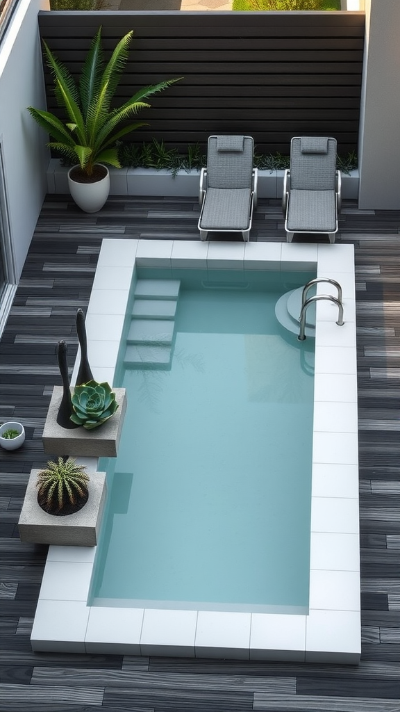 A small rectangular pool surrounded by concrete planters, with two lounge chairs nearby.