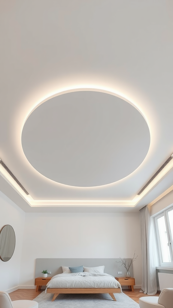 A bedroom featuring a soft circular ring ceiling design with warm lighting.