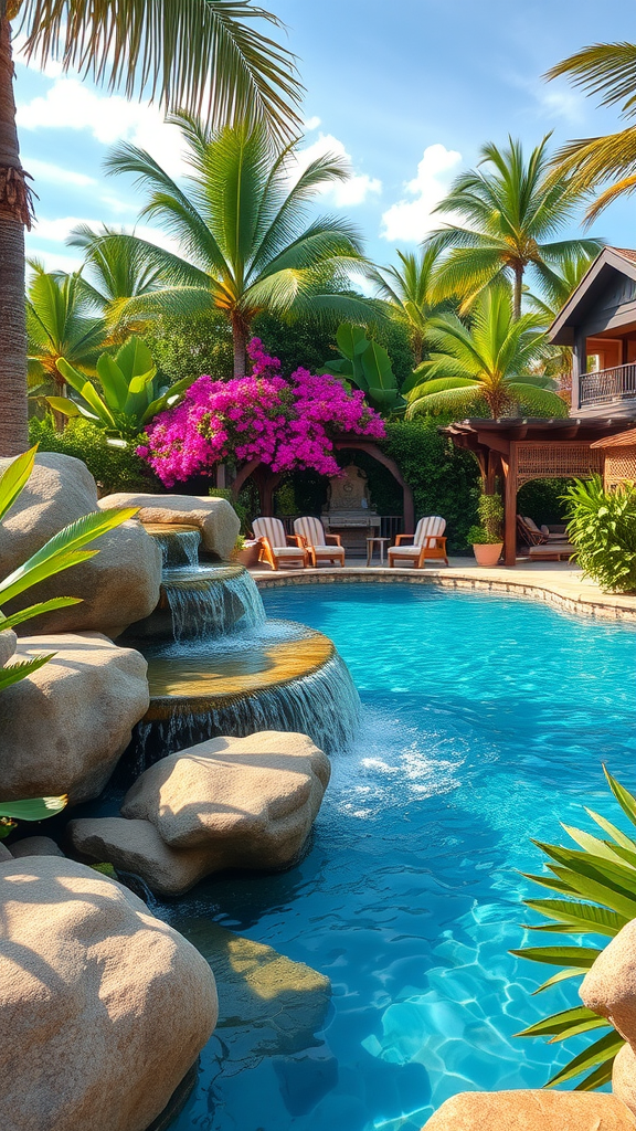 A tropical waterfall pool surrounded by palm trees and vibrant flowers.