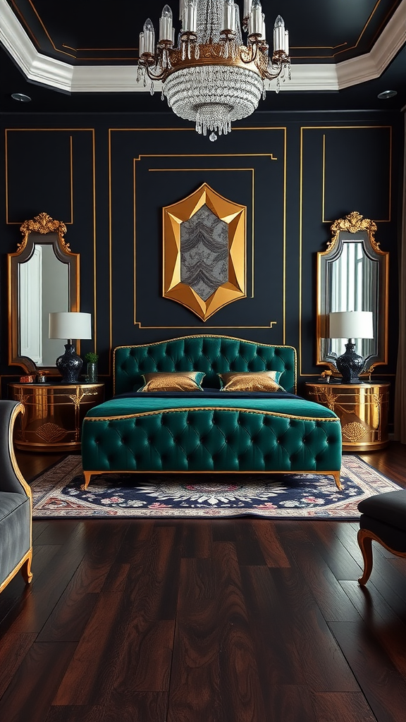 A luxurious Art Deco bedroom featuring a green velvet bed, gold accents, and a crystal chandelier.