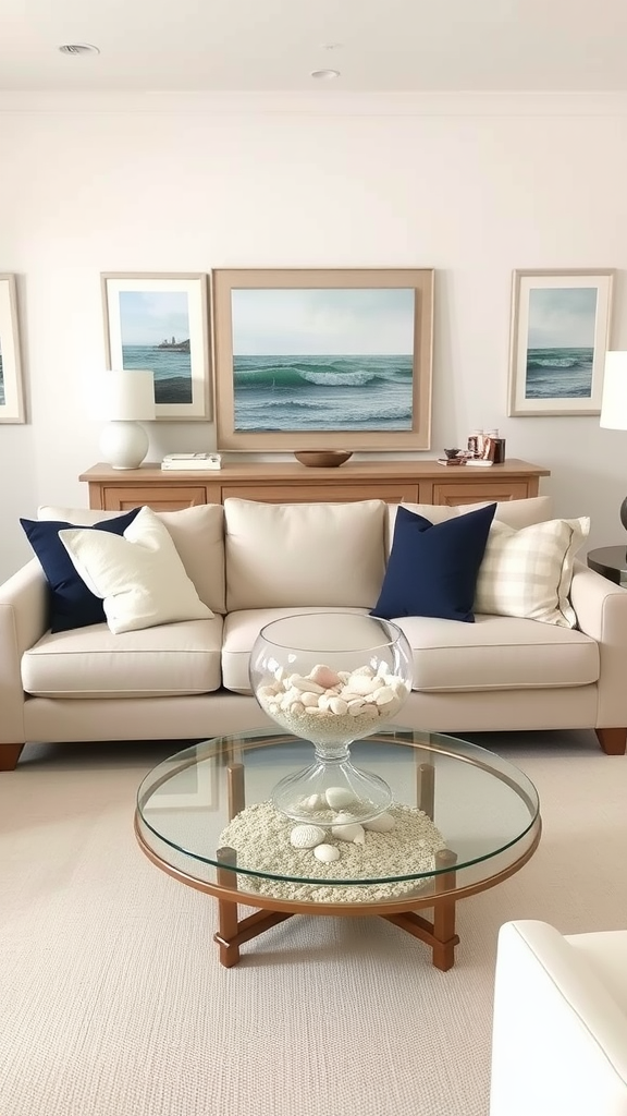 A neutral coastal living room featuring a light beige sofa, deep blue throw pillows, a glass coffee table with seashells, and framed coastal art.