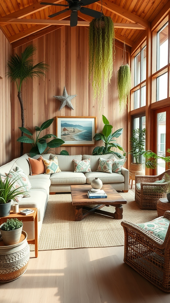 A cozy boho coastal living room featuring natural wood elements, rattan chairs, and green plants.