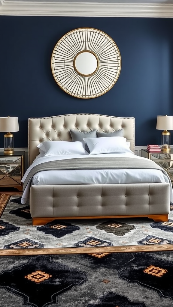 A contemporary bedroom featuring a tufted beige bed, navy walls, and an Art Deco sunburst mirror.