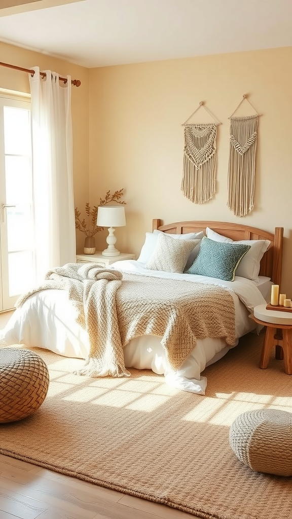 Cozy boho coastal bedroom with knit throws and natural light