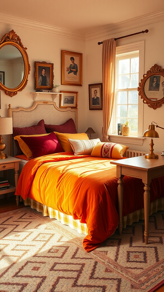 A cozy dorm room featuring warm tones with orange bedding, layered pillows, framed artwork, and a stylish lamp.