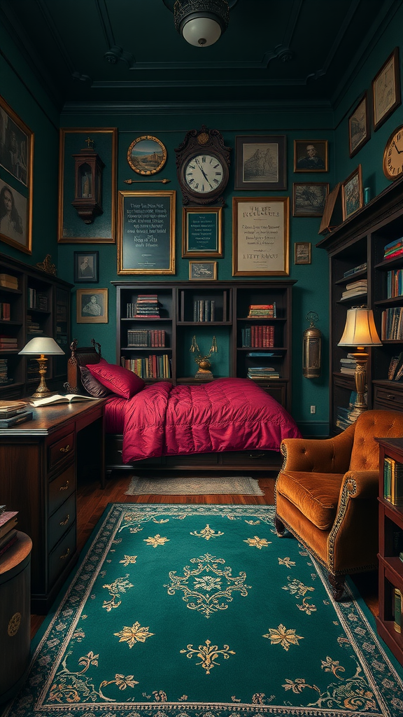 A cozy Dark Academia styled dorm room featuring a bed, armchair, bookshelves filled with books, and framed artwork on the walls.