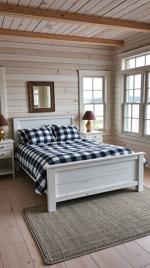 Farmhouse chic bedroom with whitewashed wooden walls, a navy and white checkered blanket, and large windows overlooking the lake.