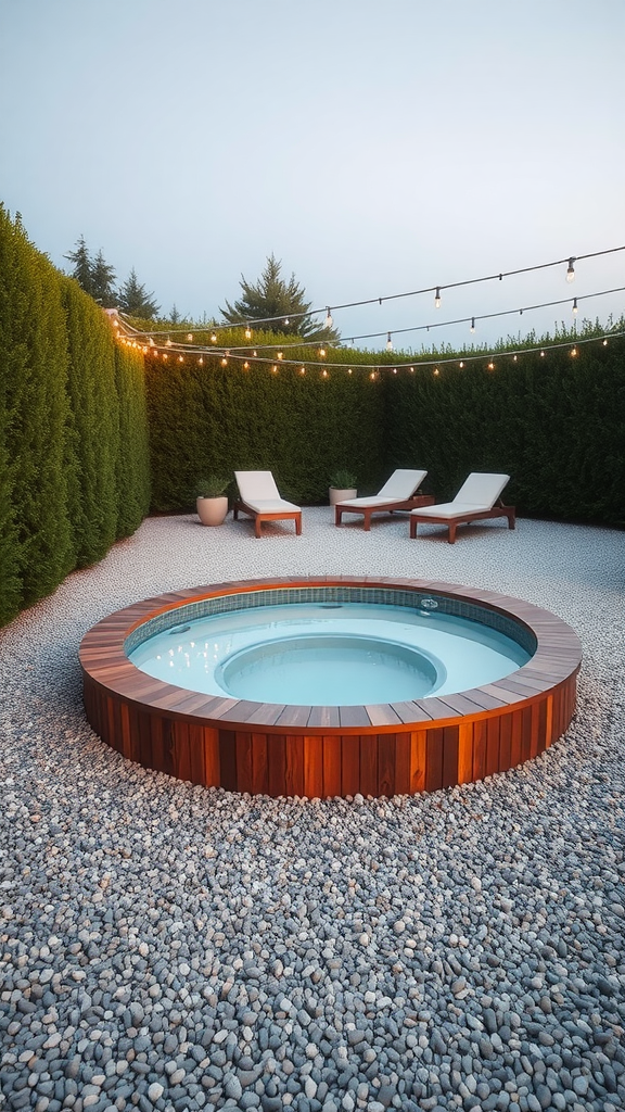 Gravel patio featuring a hot tub, lounge chairs, and string lights in a serene outdoor setting.