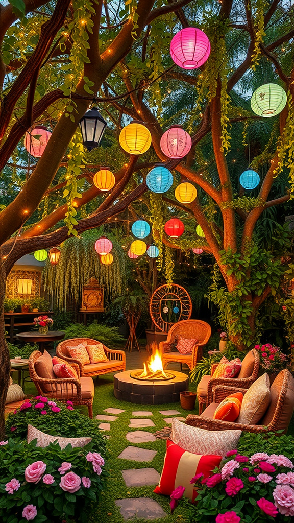 A colorful garden setup with fairy lights and a fire pit, featuring cozy seating and flowers.