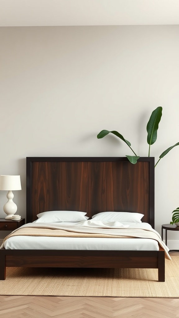 A Japandi bedroom featuring a statement wooden bedframe, minimalist bedding, and a large leaf plant.