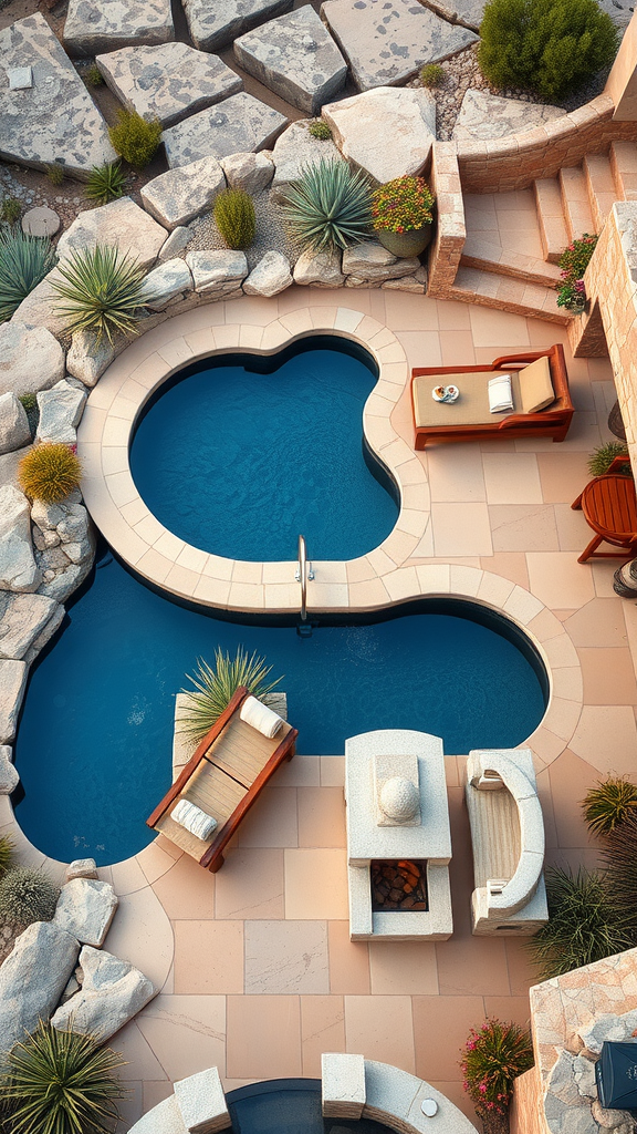 Aerial view of a natural stone pool deck featuring a uniquely shaped pool, comfortable seating, and surrounding greenery.