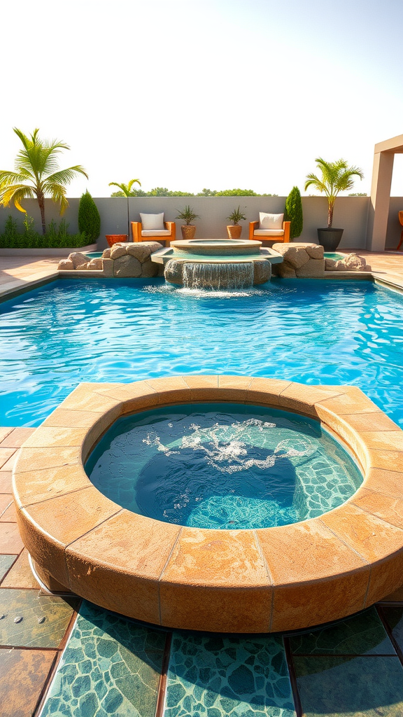 Modern pool design featuring a stone waterfall and hot tub, with seating areas and plants.