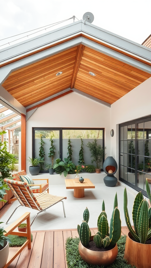 A stylish retro mid-century modern patio with wooden roof beams, comfortable lounge chair, and lush plants.