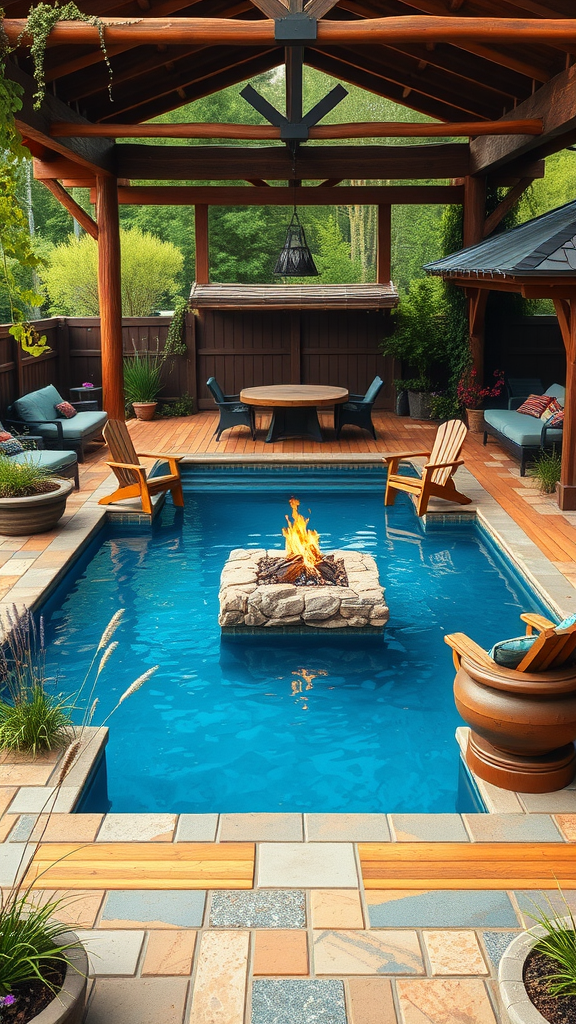 A rustic pool area featuring a central fire pit, surrounded by wooden decking and comfortable seating.