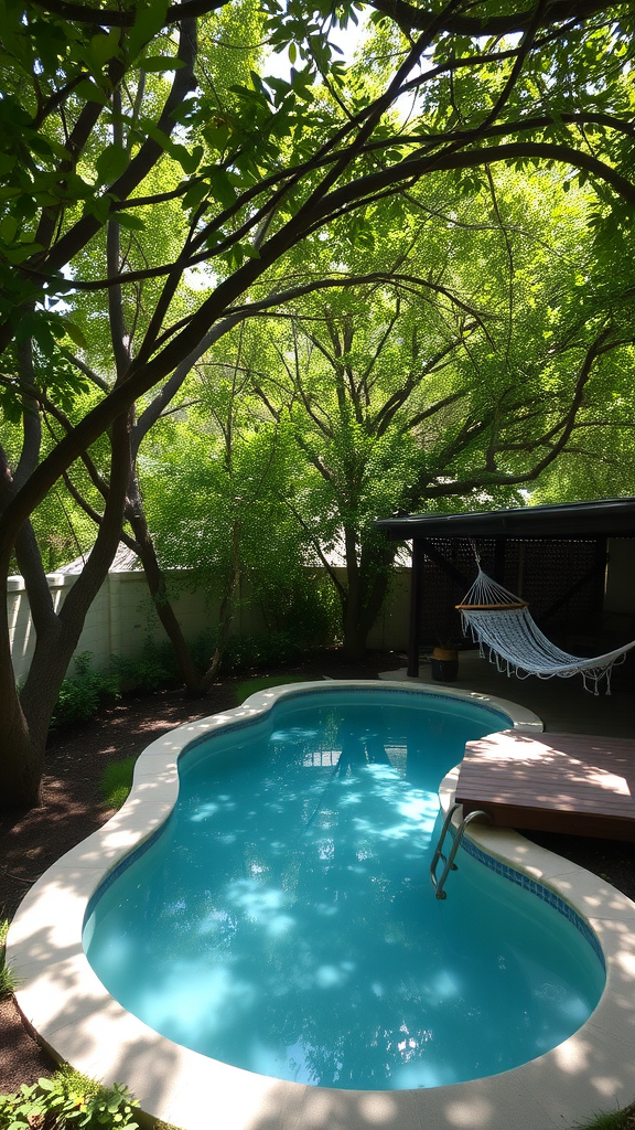 A small pool surrounded by trees and a hammock, creating a serene outdoor space.