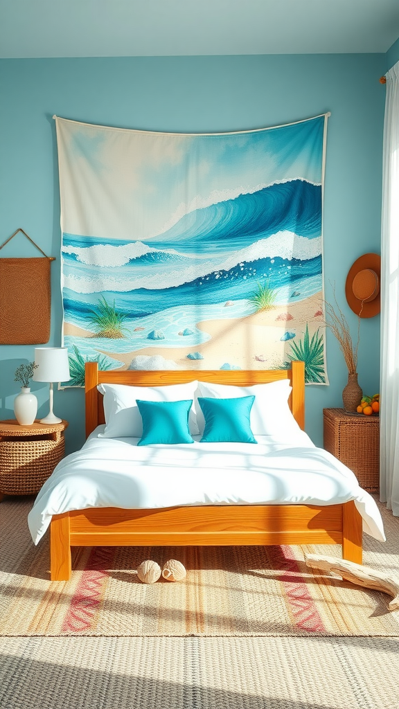 A boho coastal bedroom featuring a vibrant ocean tapestry, wooden bed with turquoise pillows, and woven decor.