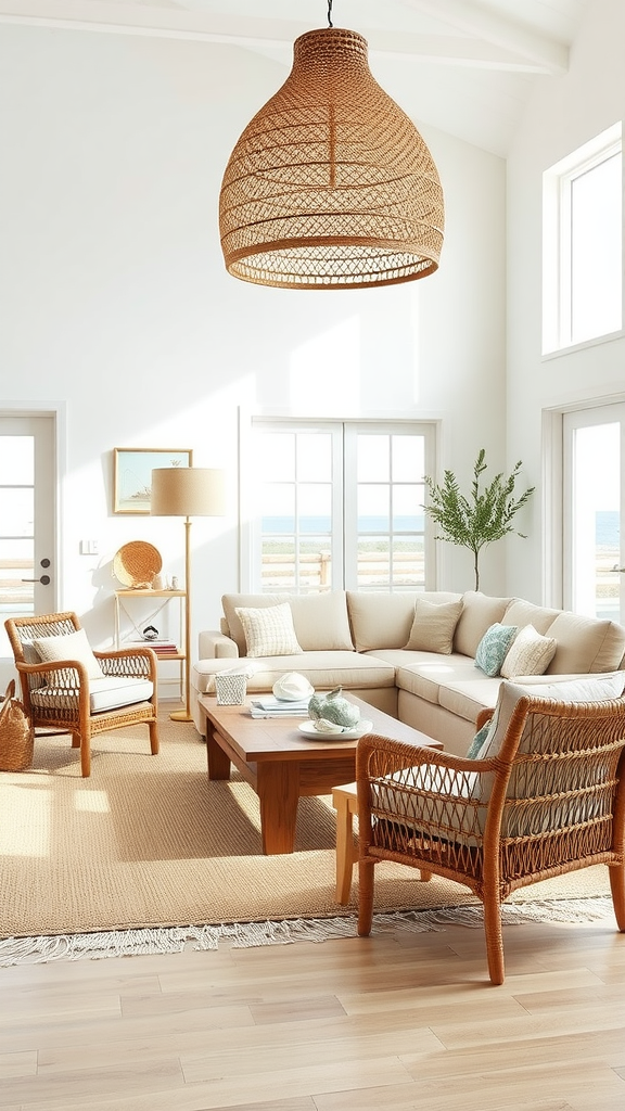 Cozy boho coastal living room featuring a woven light fixture and natural decor.