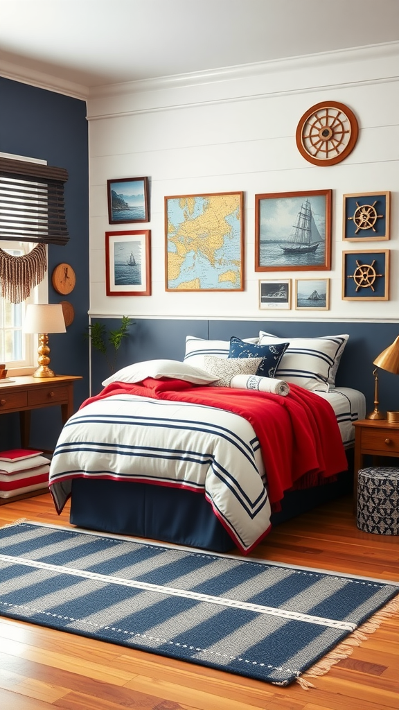 A cozy nautical dorm room featuring blue walls, striped bedding, and nautical-themed decor.