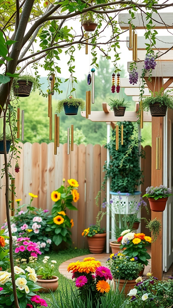 A vibrant hippie garden featuring colorful flowers and wind chimes hanging from trees.