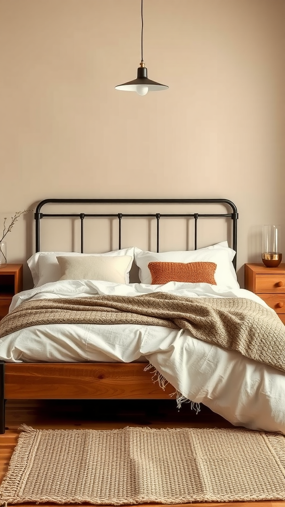 A cozy Japandi bedroom featuring a black metal bed frame, soft layered bedding, and warm wooden nightstands