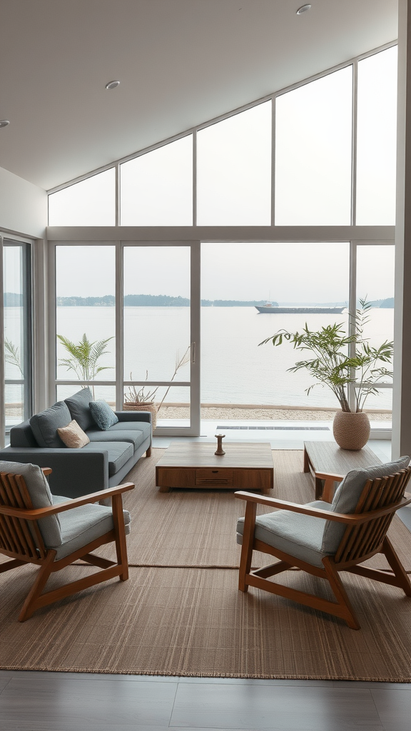 A serene living room with large windows overlooking a lake, featuring a gray couch, wooden chairs, and a natural fiber rug.