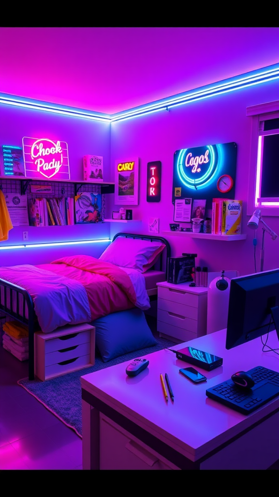 A stylish dorm room featuring neon lights, a bed with a pink comforter, and a desk setup.