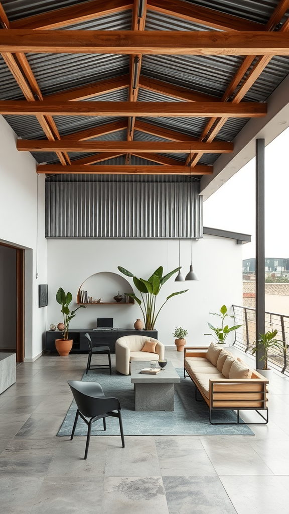 Open-concept loft patio with wooden roof extension and modern furniture