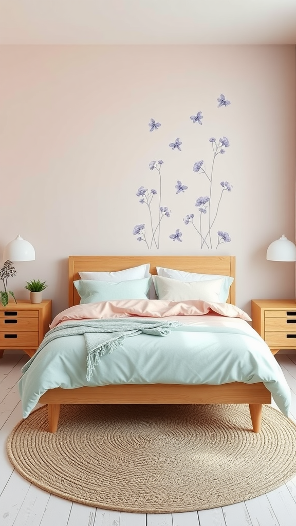 A modern bedroom featuring pastel colors, a wooden bed frame, flower decals on the wall, and a round woven rug.