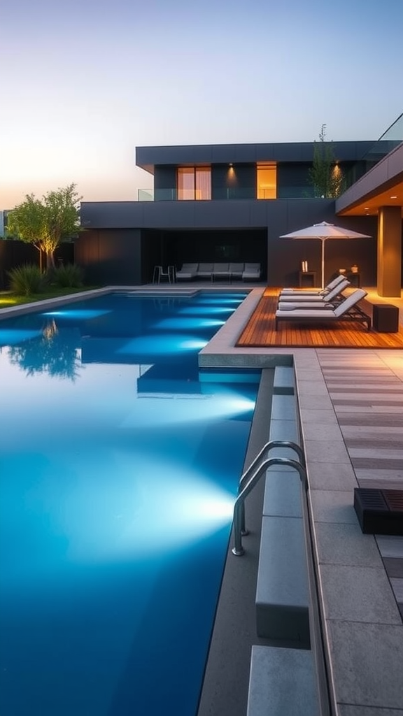 Modern pool featuring a sunbathing ledge and stylish loungers.