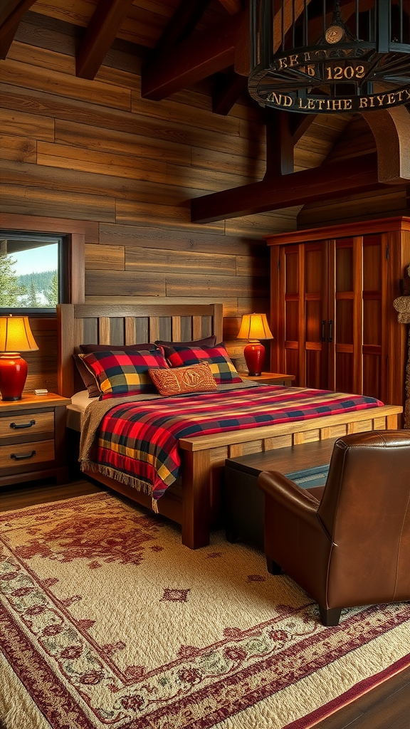 Rustic lodge bedroom featuring wood paneling, plaid bedding, and leather accents