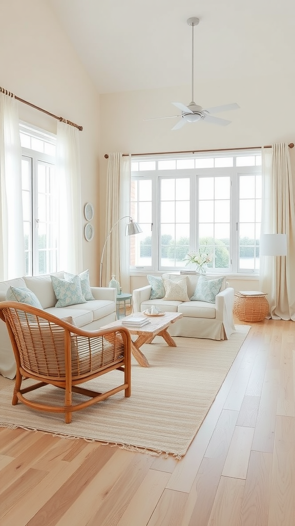 A bright and neutral coastal living room featuring large windows, rattan furniture, and a serene atmosphere.