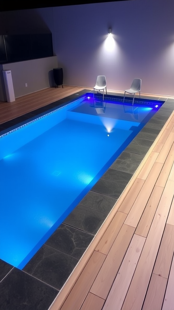 A modern small pool with LED lighting, surrounded by dark stone and light wooden decking, featuring two chairs beside it.