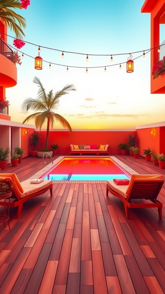 A sunset-inspired pool deck with warm wood flooring, illuminated pool lights, and cozy lounge chairs.