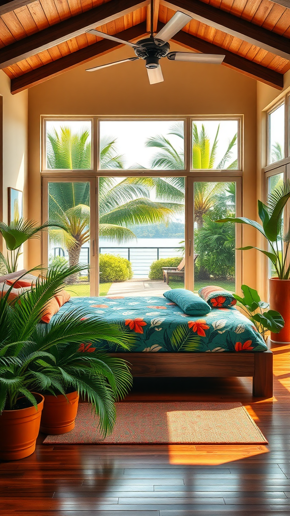 A cozy tropical lake house bedroom with colorful bedding and large windows showing palm trees and a scenic view.