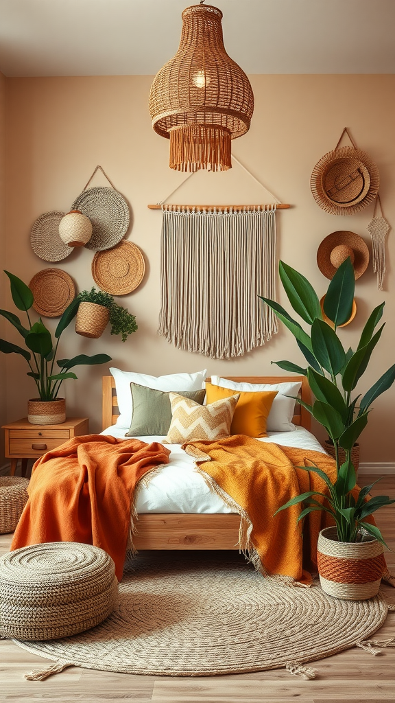 A boho coastal bedroom featuring earthy tones, natural materials, and vibrant textiles.