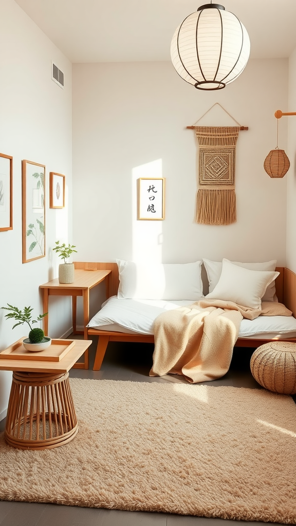 A cozy zen-inspired dorm room with a low bed, wooden furniture, and nature-themed wall art.