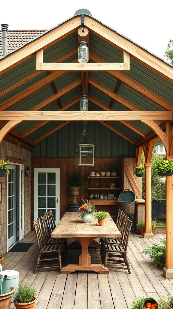 A farmhouse-style patio with a wooden roof extension, featuring a long dining table and rustic chairs under lanterns.