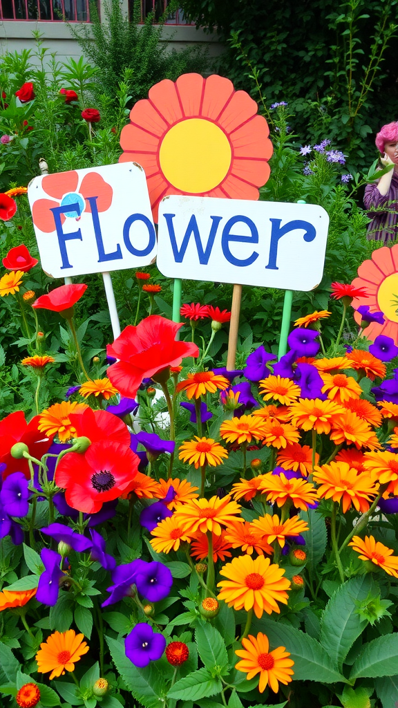 A colorful garden with a sign that says 'FLOWER POWER' surrounded by vibrant flowers.