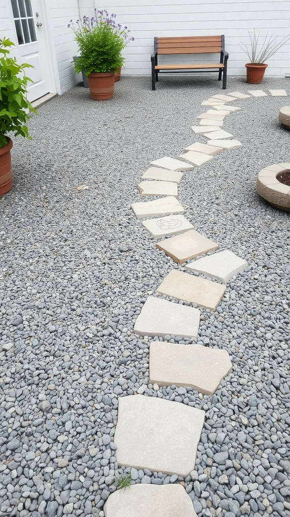 A gravel patio featuring stone pathways and a wooden bench.