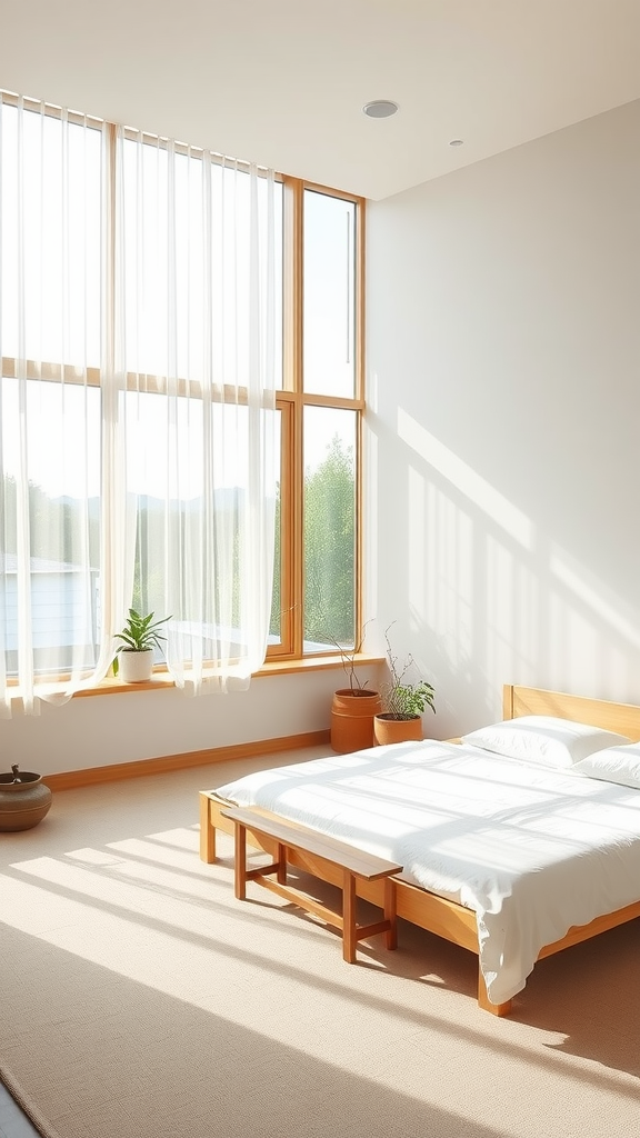 Japandi style bedroom with floor-to-ceiling windows and minimalist decor