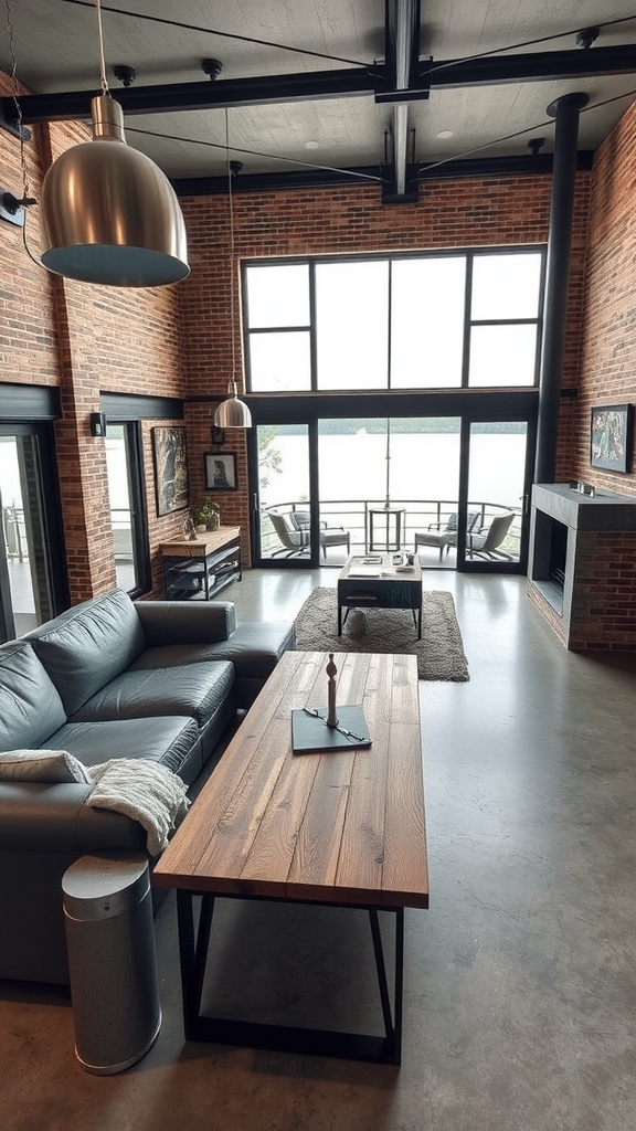 A stylish lake house living room featuring exposed brick walls, large windows with lake views, a leather sofa, and a wooden coffee table.