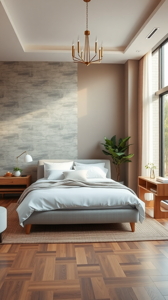 A modern bedroom with a plush bed, natural light, and calming decor.