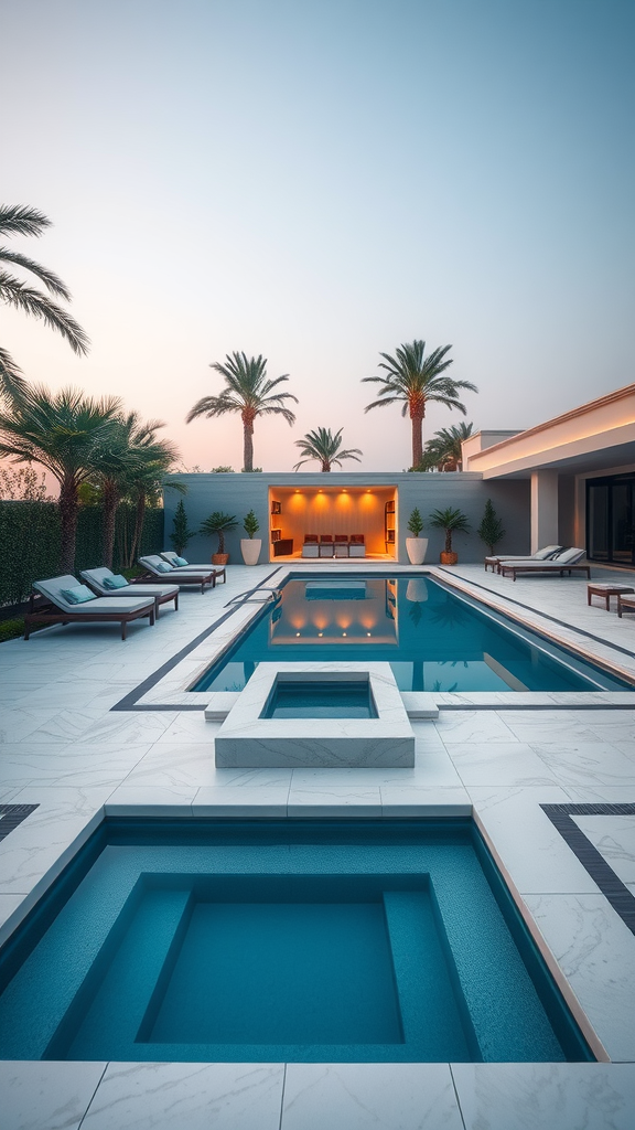 Luxury private pool deck featuring an inviting pool, spa, and palm trees.