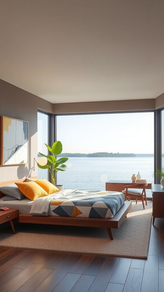 A mid-century modern bedroom with a view of a lake, featuring a geometric patterned bedspread and wooden furniture.